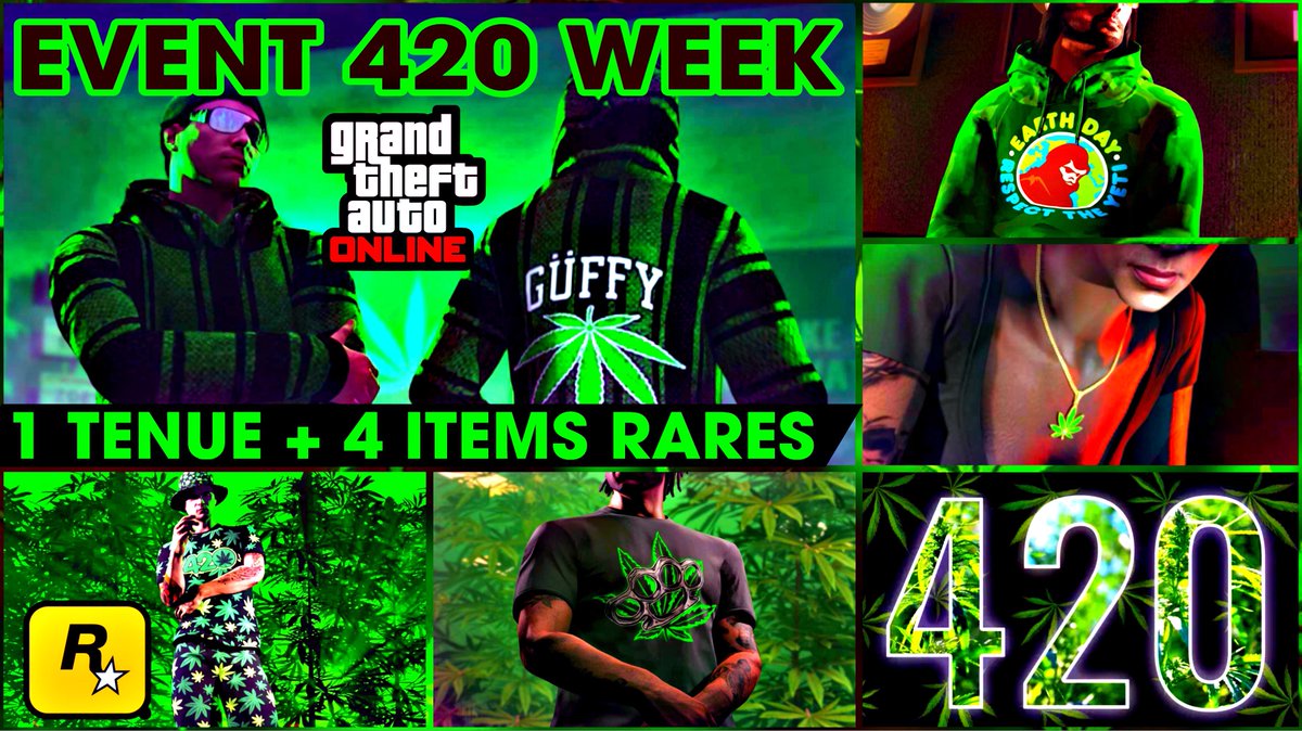 TgsRockstarClub's tweet photo. Bonjour à tous les Breaker’s ! 

Voici tout les éléments que vous pouvez récupérer cette semaine avec L’évent 420 WEEK sur #GTAOnline !

#RockstarGames #GTAV #GTA5 #GTA5Online #420Week #GTA

[BONUS GTA] EVENT 420 - 1 TENUE + 4 ITEMS RARES & 8 LIMITÉS JUSQU'AU 24 ... https://t.co/z71Lxw9gY7 via @YouTube