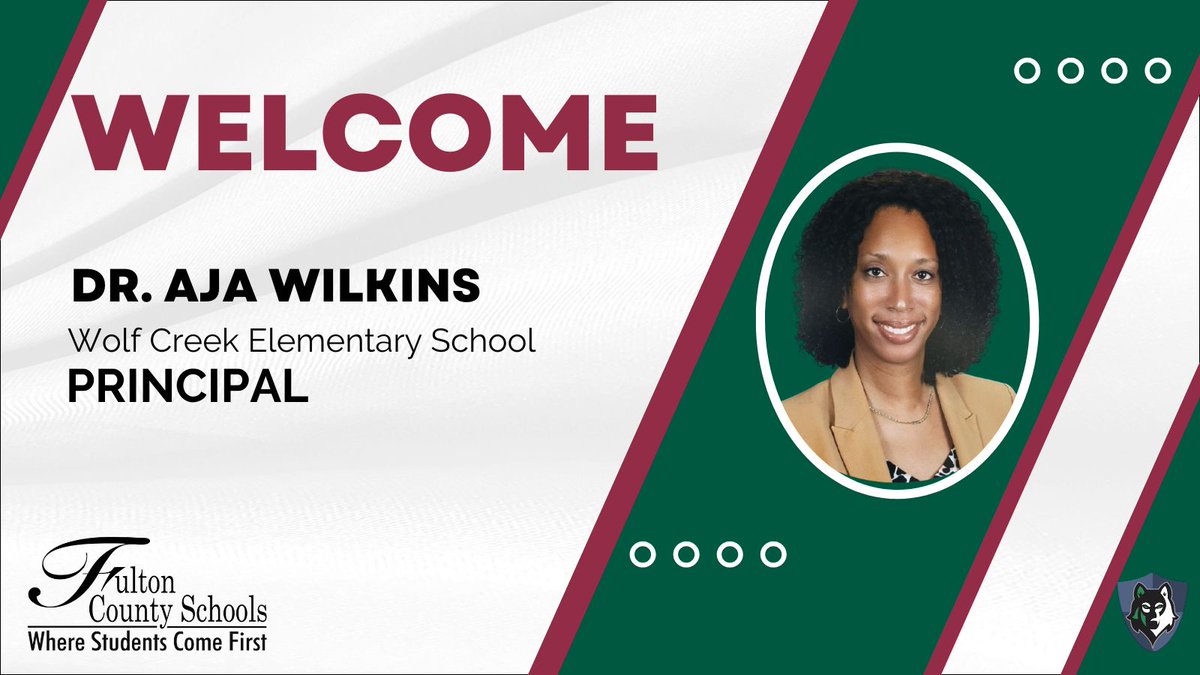 Please help me welcome Dr. Aja Wilkins <a href="/AWilkins_Edu/">Aja Wilkins, Ed.D</a> as the new principal of Wolf Creek ES!
<a href="/FultonCoSchools/">FultonCountySchools</a> <a href="/WolfCreekWolves/">Wolf Creek ES</a>