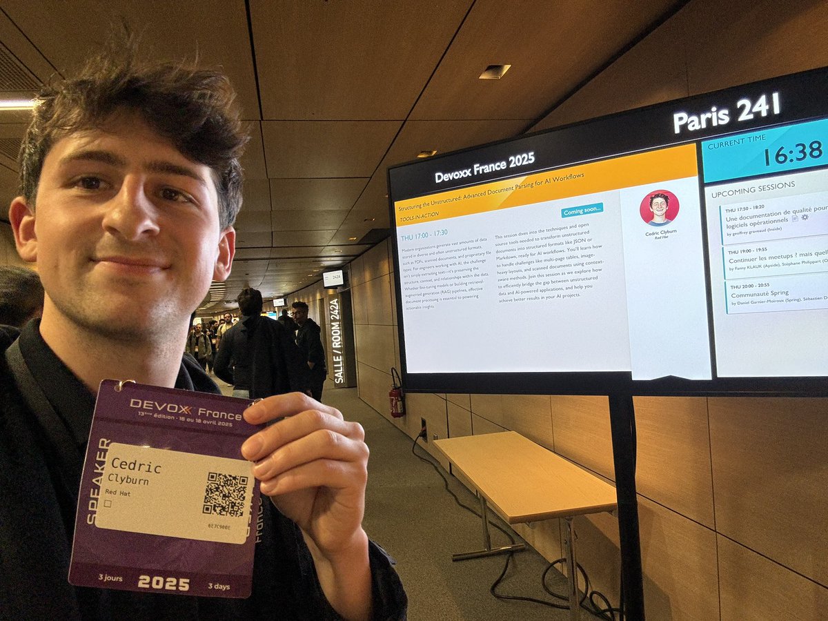 cedricclyburn's tweet image. Wooo hoo! First #Devoxx completed successfully ✅ I had a fantastic time with the @rhdevelopers team in Paris this week at @DevoxxFR and it blew my mind! 4,500 developers and engineers all tinkering and live demo-ing, including my talk on document processing using #Docling