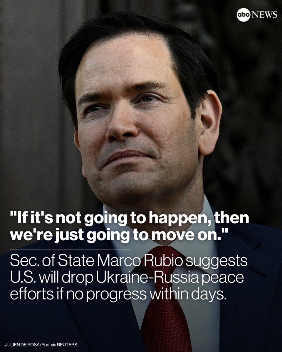 Sec. of State Marco Rubio said Friday that the U.S. may be ready to “move on” from efforts for a Russia-Ukraine peace deal if there is not progress in the coming days.

Read more: abcnews.link/adWPU59