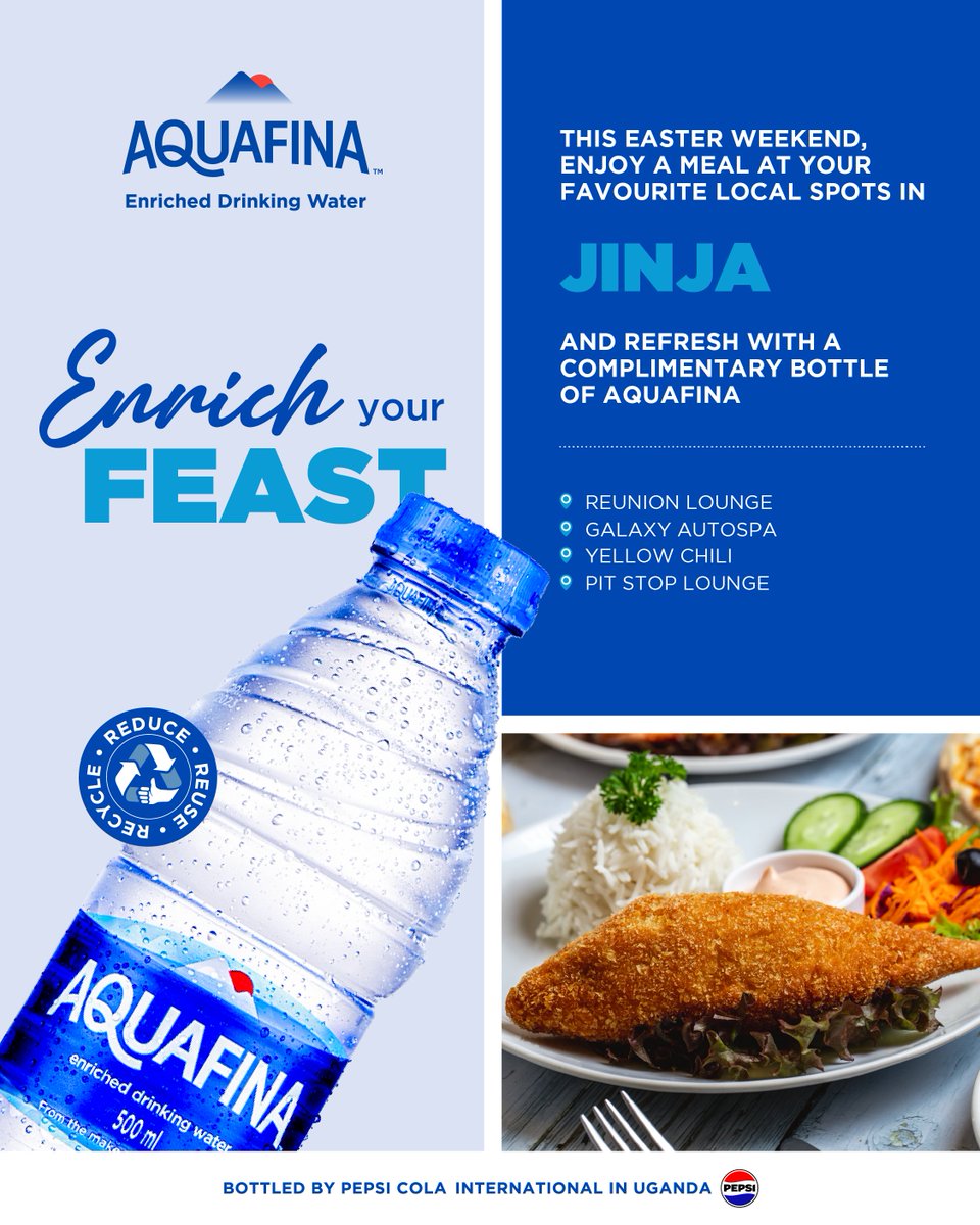 AquafinaUganda's tweet photo. This Easter weekend, enjoy a meal at your favorite spots in Jinja and refresh with a complimentary bottle of Aquafina 💧✨
Participating Restaurants:
Source of the Nile Hotel
Galaxy Autospa
Yellow Chili
Pit Stop Lounge
#AquafinaBrunch #Easter #HydrateInStyle #BrunchWithUs https://t.co/JojSaDmjiN