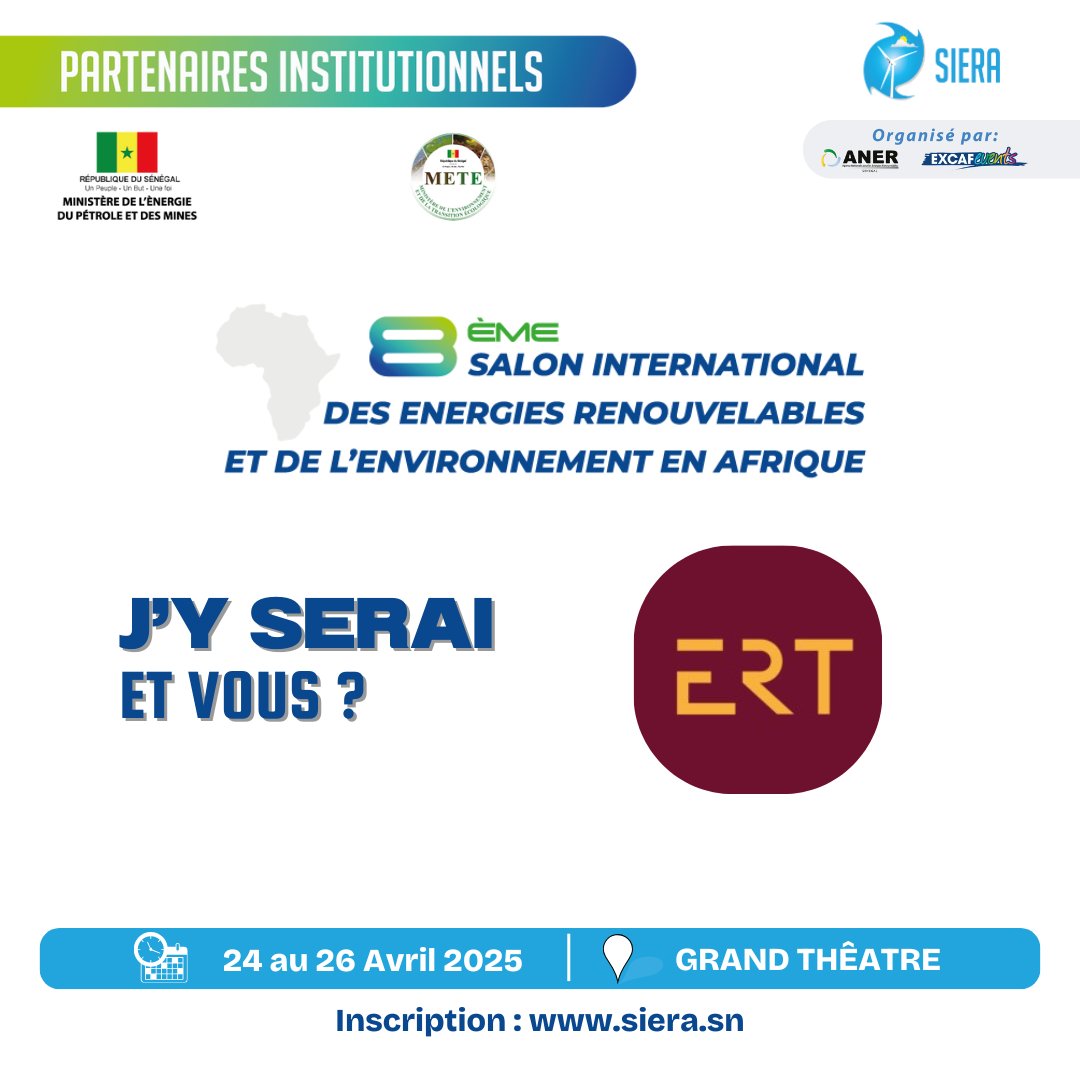Siera2025's tweet photo. 💡 Le DG d'𝐄𝐑𝐓, M. NDIAYE Falilou, sera au
@Siera2025
! 30 ans d'expertise en énergie solaire &amp; électrique à découvrir sur leur stand. 📷 24-26 Avril 2025 | 📷 Venez échanger avec les experts ! Infos : 📷https://t.co/DAoYmZy5lX
#SIERA2025 #ERT #SalonInternational https://t.co/l555a6vZQa
