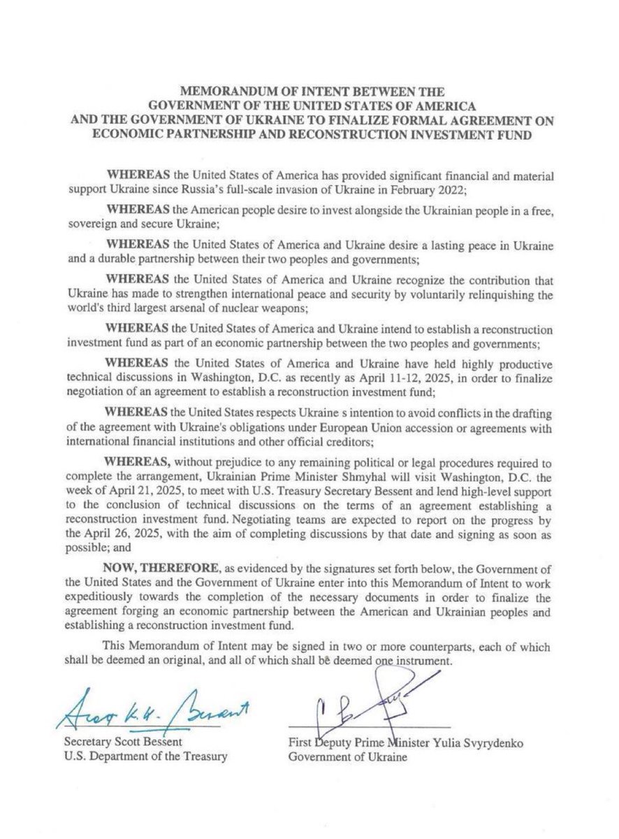 UKR_token's tweet photo. #Ucrania 

El gobierno ucraniano ha publicado el texto de un memorando sobre un acuerdo sobre metales de tierras raras con Estados Unidos.

Se describe una asociación económica entre Washington y Kyiv, asi como la creación de un fondo de inversión para la reconstrucción de Ucrania.