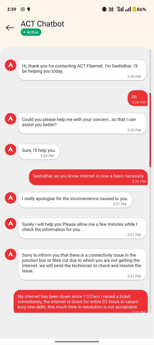 Aar_i's tweet photo. @ACTFibernet internet is a basic necessity. My internet has been down since 11:07 am, ticket raised immediately, 11:50 am update was that resolution is expected at 7:30-9pm, really?! Also check Sashidhar's (CCE) replies when asked for callback and escalation. SR#110751116763 https://t.co/PXU2ioGYDQ