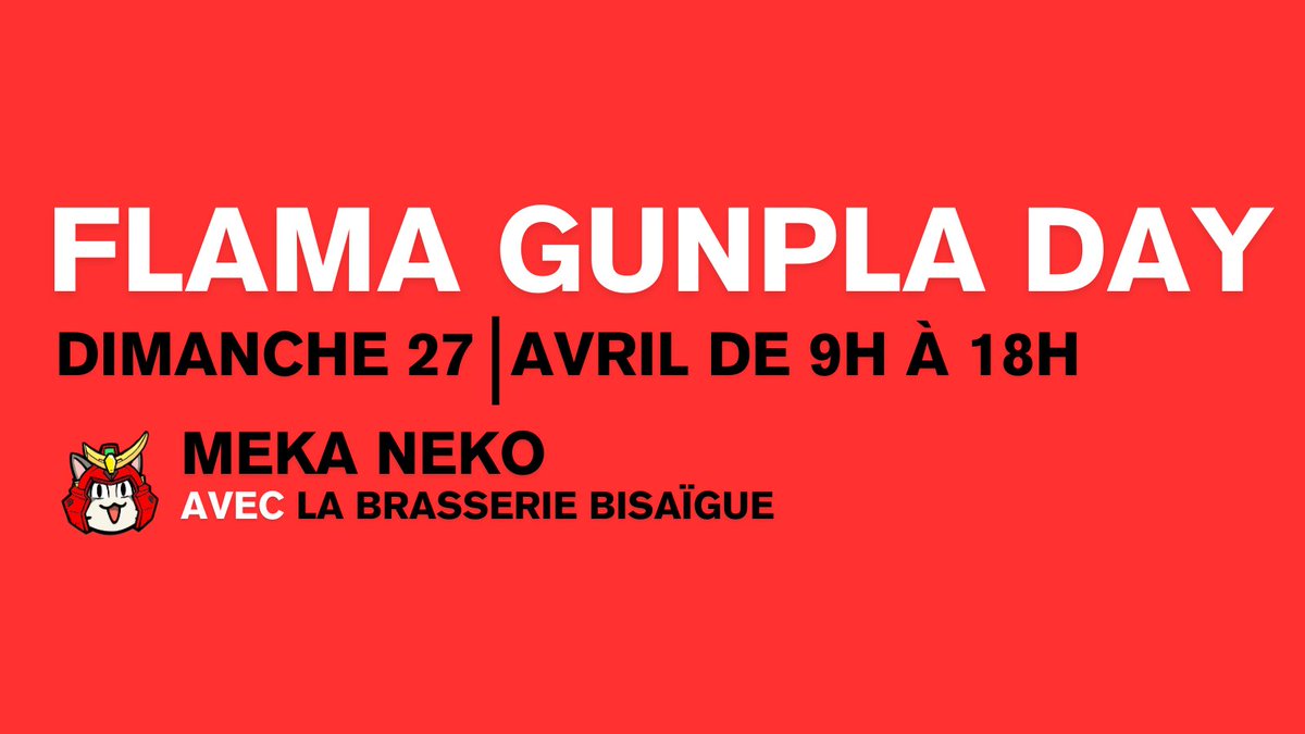 ANNONCE! Le dim. 27 avril, nous organisons avec <a href="/Meka_NekoShop/">MEKA NEKO</a> , Micro-Modèle &amp; Mr Usagi un nouvel event IRL GUNPLA 🔥 ça se passera à Kaysersberg dans la belle brasserie de Bisaïgue !

Y'aura à boire et à manger+popup store+ ateliers ! Hâte de vous revoir docs.google.com/forms/d/e/1FAI…