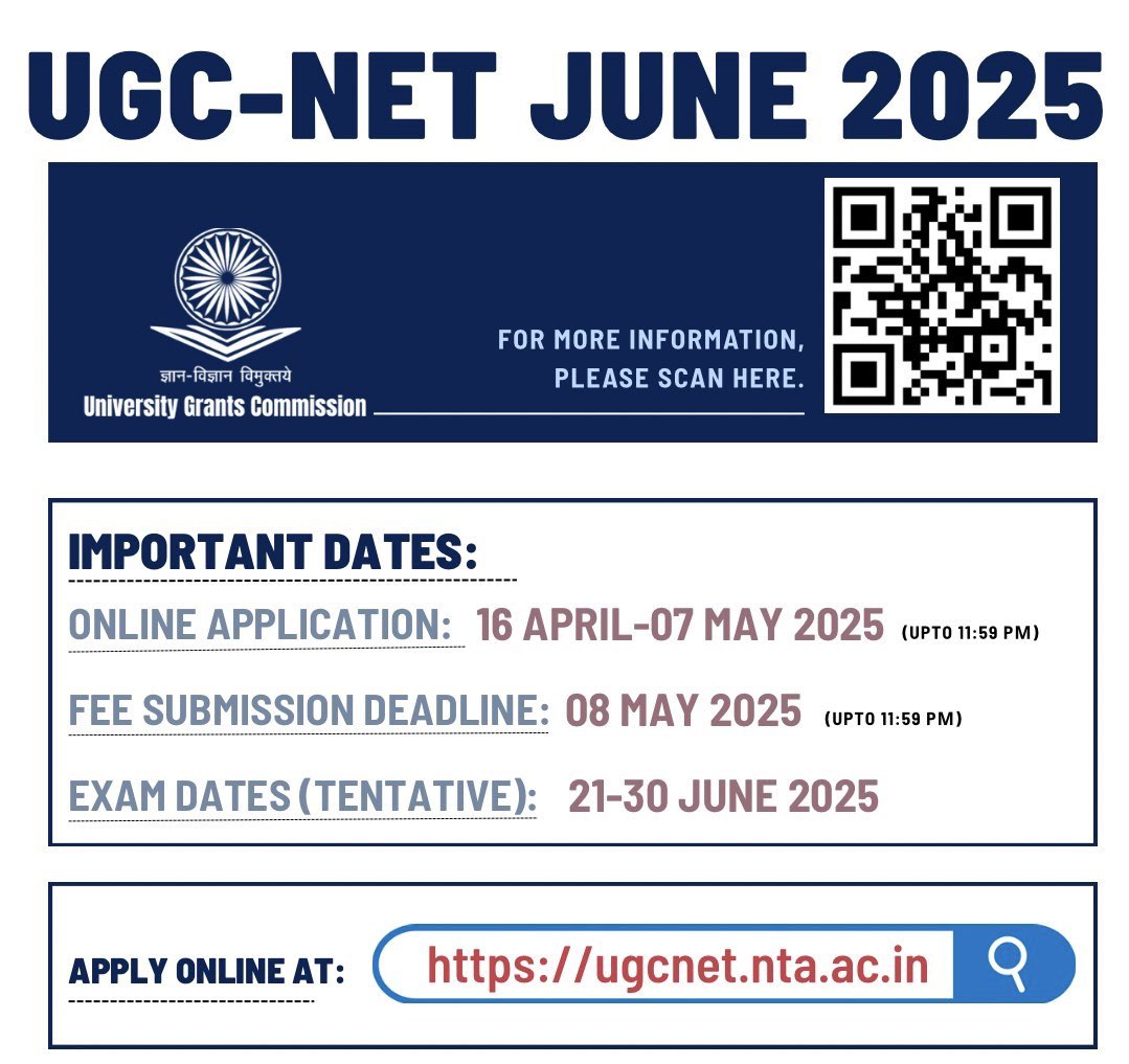 UGC-NET June 2025 Updates:

Online application for UGC-NET June 2025 is open from 16 April to 07 May 2025.
Fee submission deadline: 08 May 2025
Exam dates (tentative): 21–30 June 2025

Apply now at ugcnet.nta.ac.in

#UGCNET #NET2025 #UGCNETJUNE