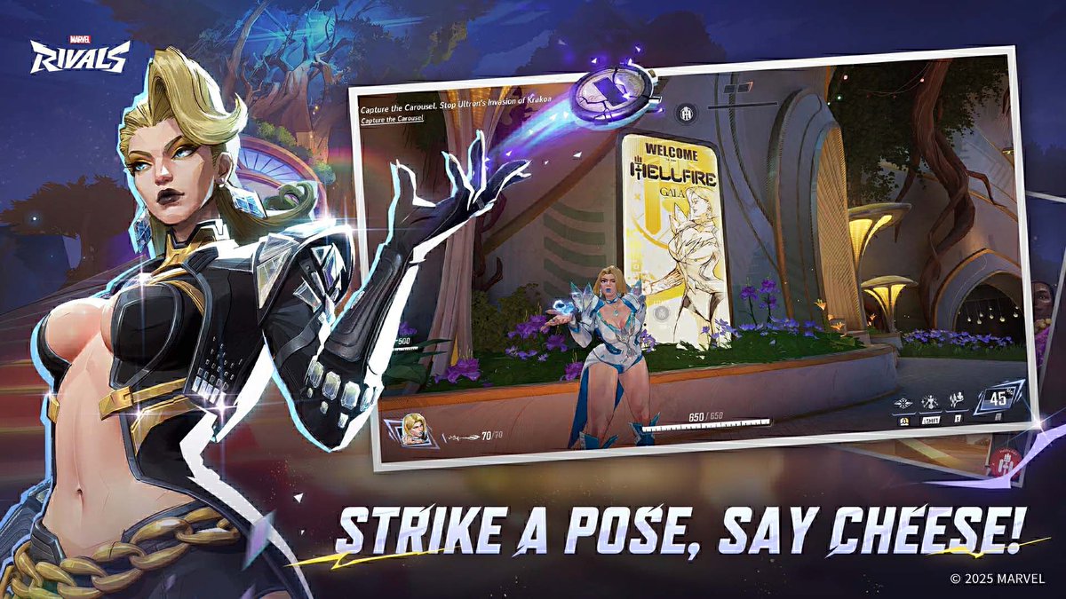 MarvelRivals's tweet image. 🌟 Unleash Your Charm in Hellfire Gala! 🌟

Here's how to participate to earn exclusive goodies:  
1. Play the Hellfire Gala Krakoa Map and find the Welcome Signs.  
2. Pose for a picture in front of any one of the welcome signs, take a screenshot, and include it when you retweet…