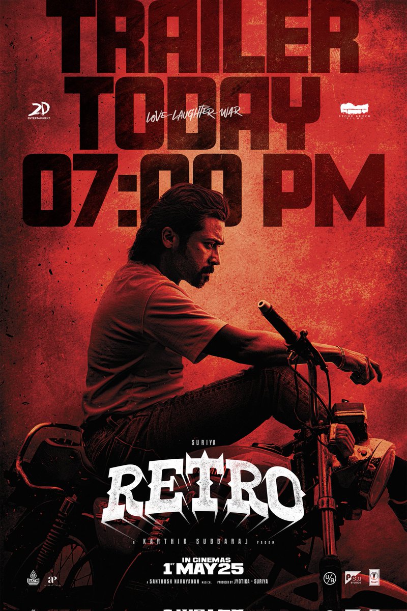 karthik subbaraj (@karthiksubbaraj) on Twitter photo Trailer of #Retro from today 7pm.
Watch the Grand trailer and Audio launch on the youtube channel of <a href="/2D_ENTPVTLTD/">2D Entertainment</a>
And <a href="/stonebenchers/">Stone Bench</a>
#TheOne
#RetroTrailer
#RetroAudioLaunch
#LoveLaughterWar
#RetroFromMay1 Trailer of #Retro from today 7pm.
Watch the Grand trailer and Audio launch on the youtube channel of <a href="/2D_ENTPVTLTD/">2D Entertainment</a>
And <a href="/stonebenchers/">Stone Bench</a>
#TheOne
#RetroTrailer
#RetroAudioLaunch
#LoveLaughterWar
#RetroFromMay1