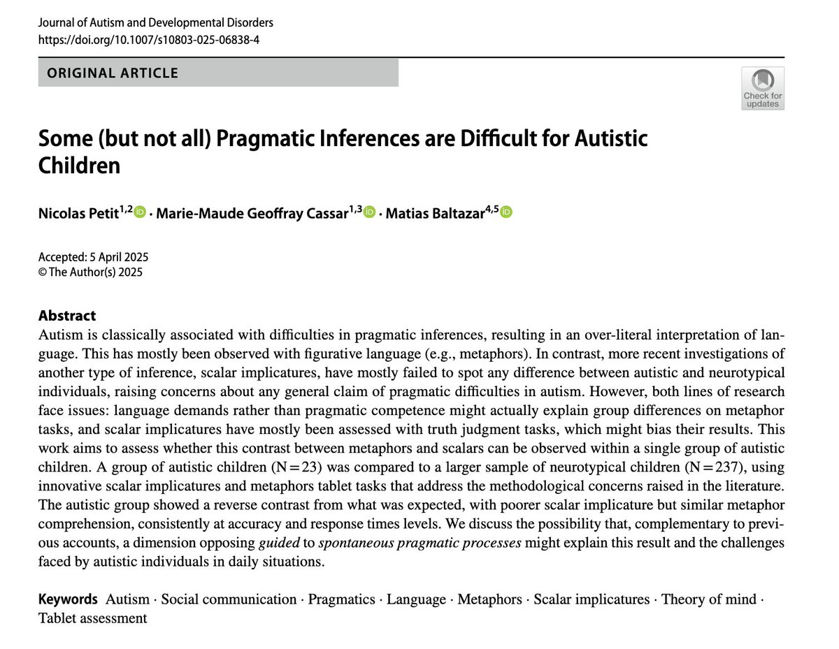 nicolas petit (@nclsptt) on Twitter photo I'm very happy to share this new paper published in the Journal of Autism and Developmental Disorders: Some (but not all) Pragmatic Inferences are Difficult for Autistic Children link.springer.com/article/10.100… cc <a href="/LeVinatier/">Le Vinatier</a> Key-findings below ⬇️ I'm very happy to share this new paper published in the Journal of Autism and Developmental Disorders: Some (but not all) Pragmatic Inferences are Difficult for Autistic Children link.springer.com/article/10.100… cc <a href="/LeVinatier/">Le Vinatier</a> Key-findings below ⬇️