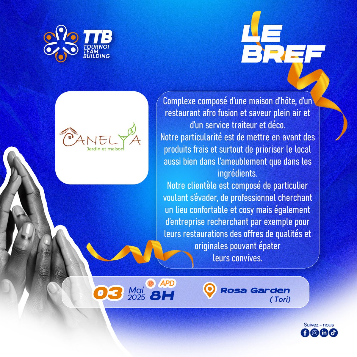Notre premier challenger pour le tournoi team building. Le prestigieux complexe @canelya_cotonou 

Union de forces, esprit d'équipe, et confiance mutuelle seront démontrés le 03 mai.

Seront-ils les vainqueurs ? 

#tournoi #teambuilding #magicrecre #teamwork💪 #competitions