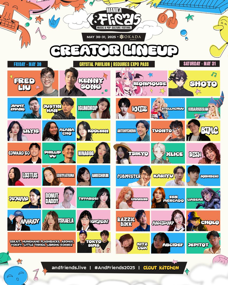 A crossover of your favorite content creators from all over the world — internet chefs, cosplayers, VTubers and everyone in between 💫

Catch them on the #AndFriends2025 stage!

🎟️ Get your tickets and Meet &amp; Greet Passes now!