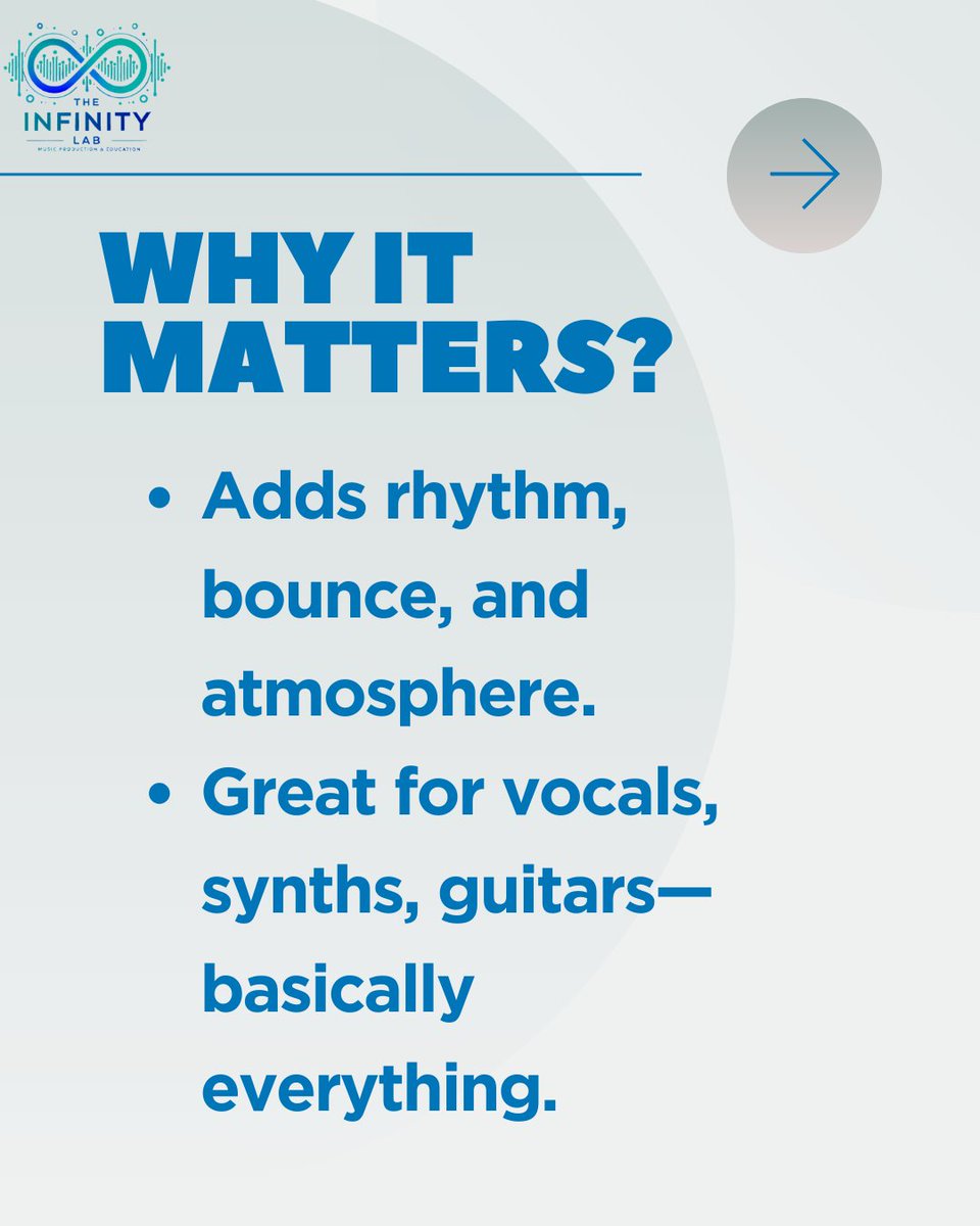 TheInfinityLab's tweet image. Delay = copy + paste… with style.
It repeats your sound, but lets it breathe.
Wanna sound bigger, deeper, trippier?
Delay’s your dude.
#TheInfinityLab #DelayExplained #SoundDesignSauce #EchoWithIntent #StudioScience #ProducerToolbox #LabMeUp @infdb_official