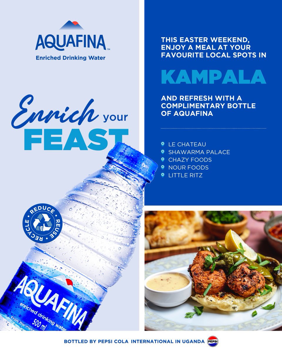 AquafinaUganda's tweet image. This Easter weekend, enjoy a meal at your favorite spots in Kampala and refresh with a complimentary bottle of Aquafina 💙💧

Participating Restaurants:
🍽Le Chateau 
🍽Shawarma Palace
🍽Chaz Foods
🍽 Nour Foods
🍽Little Ritz

#AquafinaBrunch #Easter #HydrateInStyle #BrunchWithUs