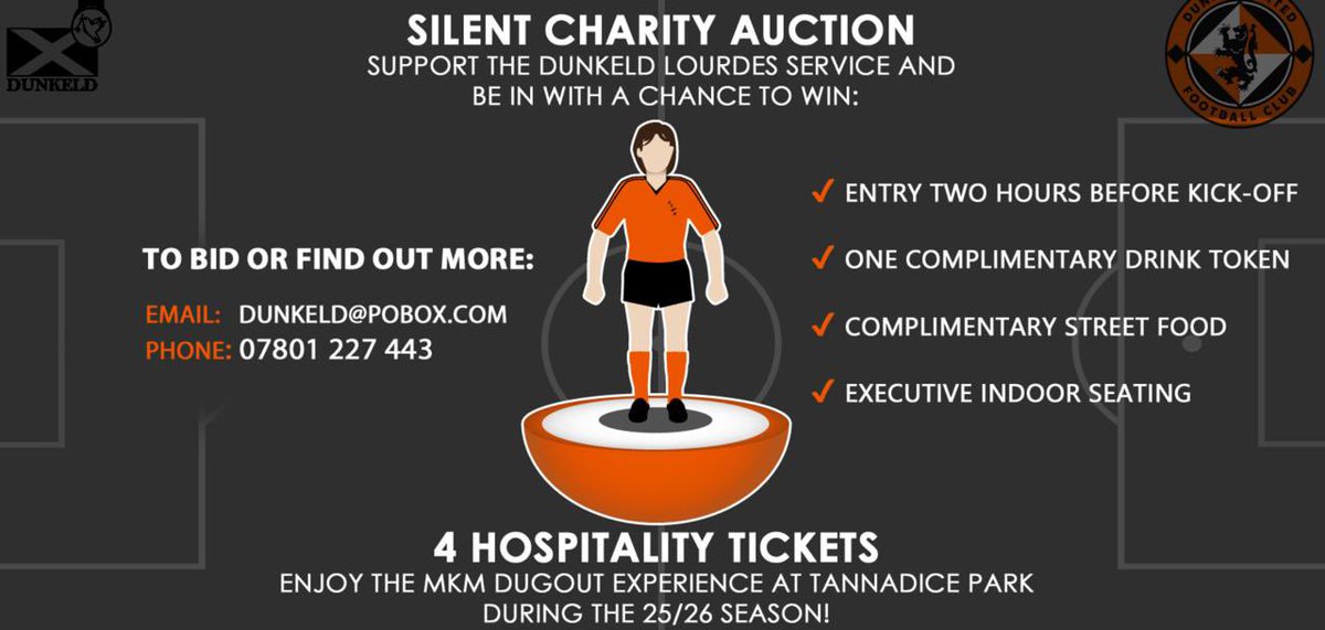 Support the Dunkeld Lourdes Service and be in with a chance to win 4 hospitality tickets at Tannadice! Our silent charity auction will take place next Saturday 26th April, please email dunkeld@pobox.com or phone 07801 227 443 to bid or find out more.