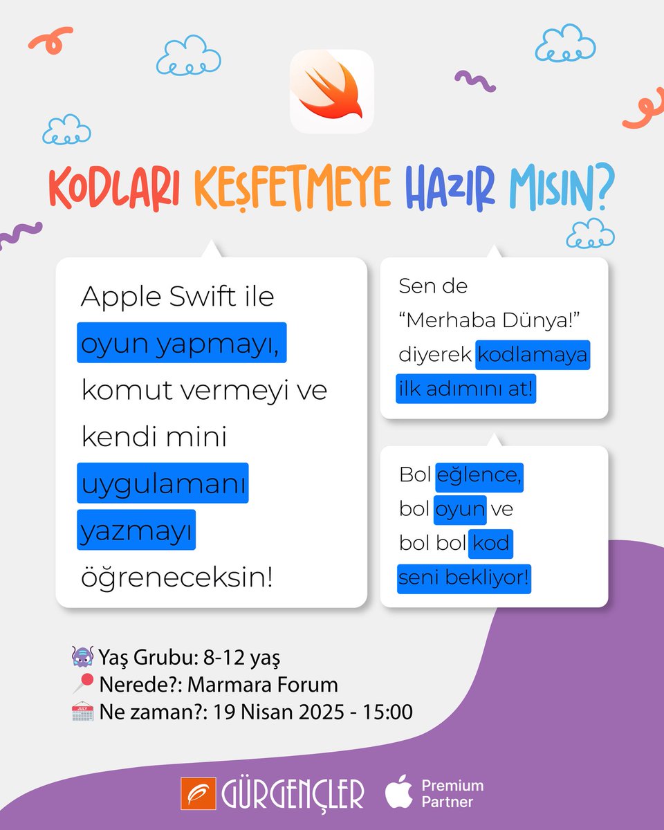 AppleGurgencler's tweet image. 🎮 Kodlama serüveni baş-la-sın!

19 Nisan’da Marmara Forum’da buluşuyoruz! 🚀
Bol oyun, bol kod ve bol bol eğlence seni bekliyor! 🤩

*8 yaşından küçükler ailesi ile katılabilir.

#AppleSwift #Gürgençler #GürgençlerdeEtkinlik