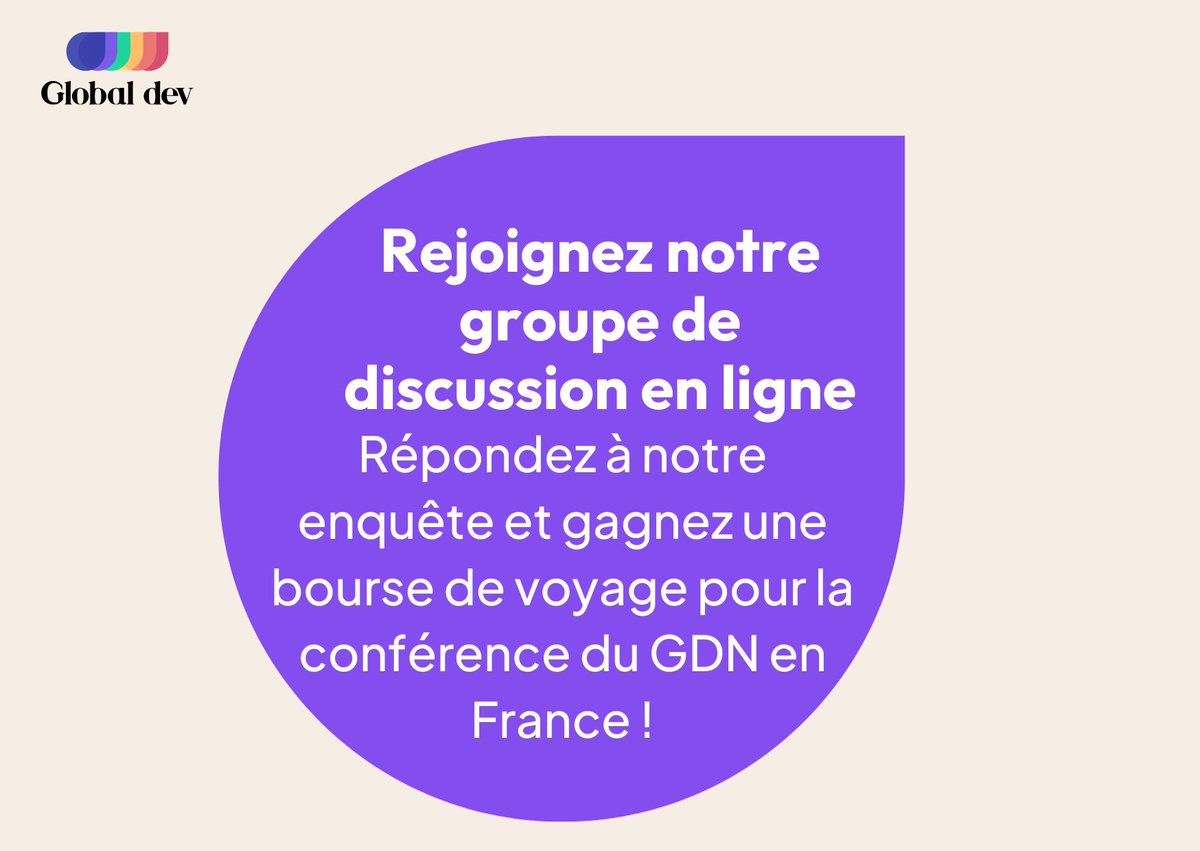 GlobaldevB's tweet photo. ✈️ Gagnez une #bourse de voyage pour notre conférence GDN en France !
Dans le cadre d'une évaluation externe permanente, nous nous efforçons de rendre GlobalDev plus utile, plus engageant et plus percutant pour nos lecteurs.

💬 Rejoignez un groupe de #discussion le 24 avril à 10h GMT pour discuter : Blogs + pratiques d'écriture + idées pour une meilleure communication sur le développement
👉 De plus, répondez à notre #enquête avant le 1er mai pour participer à un tirage au sort et gagner une bourse de voyage pour assister à la Conférence GDN 2025 à Clermont-Ferrand !

Vous aurez également accès à des ateliers exclusifs de GlobalDev sur la communication de la recherche.
Répondez à l'enquête dès maintenant : https://t.co/xTU5M8uEsh
Lien pour le groupe de discussion en #français :  https://t.co/jWKLYXzbR6