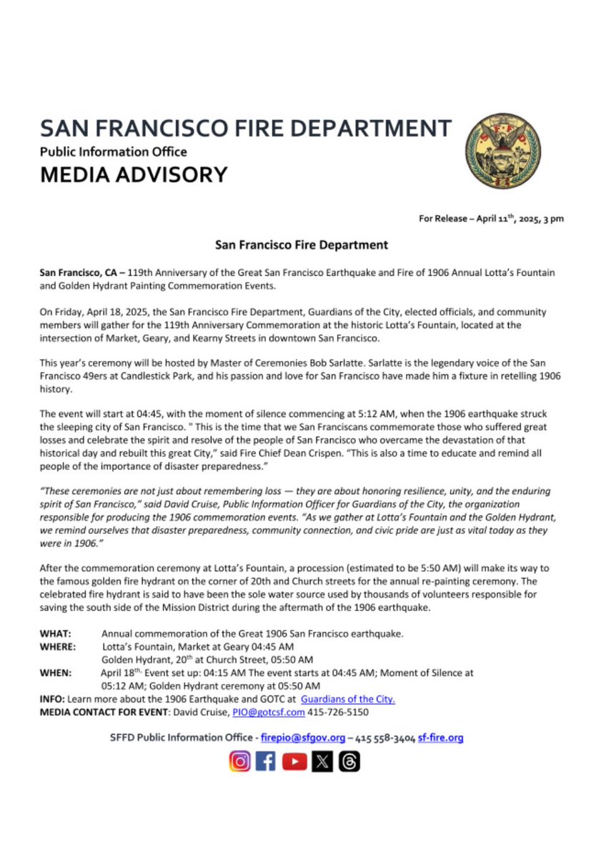 SAN FRANCISCO FIRE DEPARTMENT MEDIA (@sffdpio) on Twitter photo It's early, but disasters have no concept of time. This is one of many reasons why we embrace our history by remembering where we have been to help forge a safer path into the future. Join us, @sfpd <a href="/SheriffSF/">SF Sheriff's Office</a> <a href="/SFDEM_MEC/">Mary Ellen Carroll (She/Her/Hers)</a> <a href="/DanielLurie/">Daniel Lurie 丹尼爾·羅偉</a> and more, this morning at 4:45 AM as we It's early, but disasters have no concept of time. This is one of many reasons why we embrace our history by remembering where we have been to help forge a safer path into the future. Join us, @sfpd <a href="/SheriffSF/">SF Sheriff's Office</a> <a href="/SFDEM_MEC/">Mary Ellen Carroll (She/Her/Hers)</a> <a href="/DanielLurie/">Daniel Lurie 丹尼爾·羅偉</a> and more, this morning at 4:45 AM as we