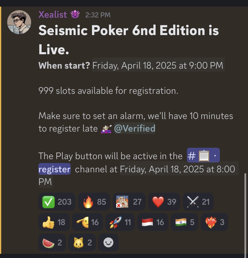 GMIC 🤎
Let's join Seismic Poker 🙌🏻

DC : discord.gg/seismic

<a href="/xealistt/">Xealist</a> <a href="/noonne_art/">Noxx</a> <a href="/fcksjkh/">4ryann</a> <a href="/nftzella/">ZELLA⨀</a>