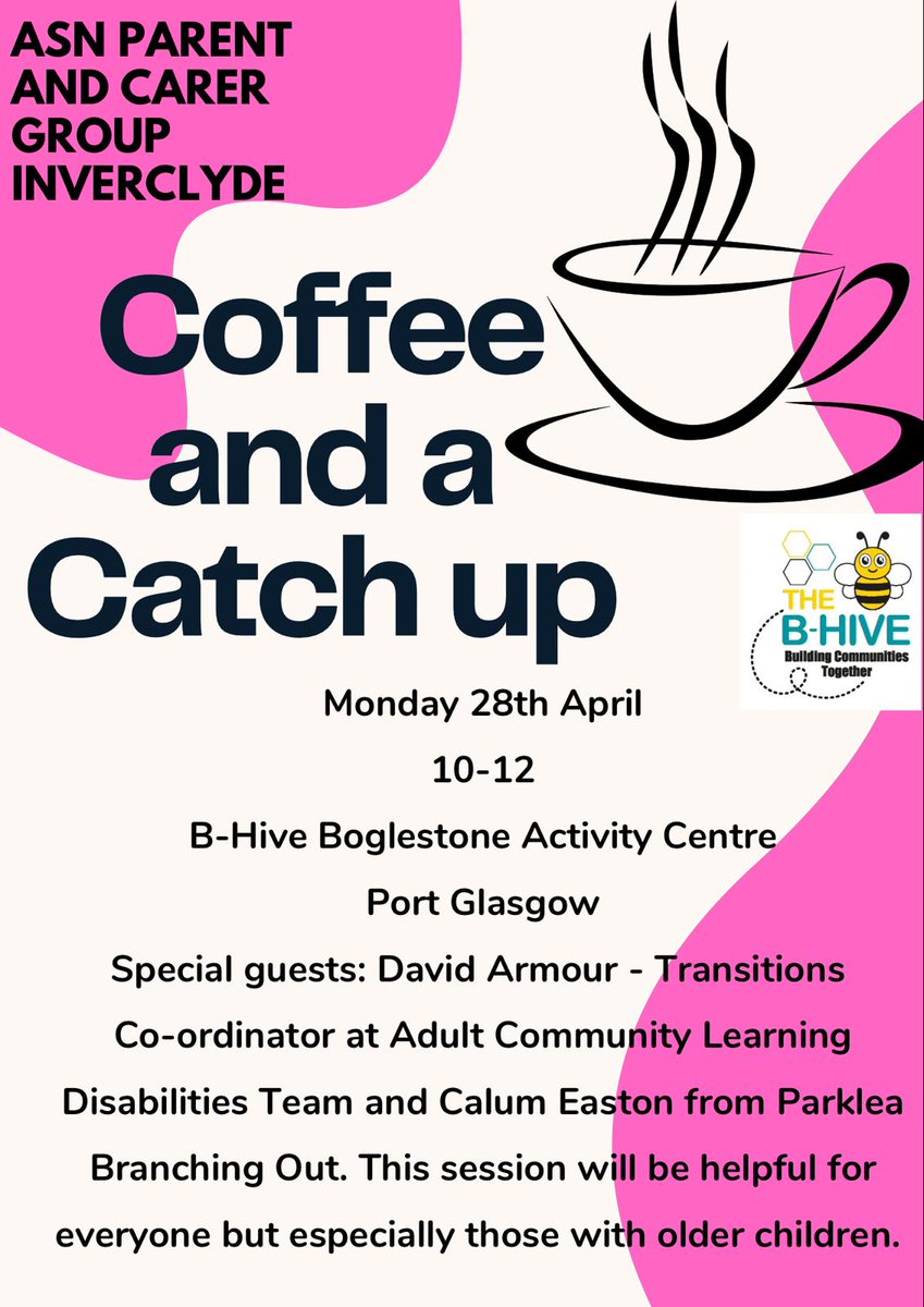 Come along to our April Coffee Morning in the B-Hive and have a chat with David and Calum 😊 This coffee morning will be particularly beneficial for those with older children with ASN. Please feel free to drop in at a time that suits you ❤️😊 
<a href="/parklea/">h.v</a>