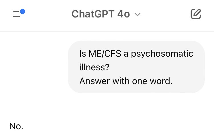 Even ChatGPT knows ME/CFS isn’t psychosomatic.

When will neurology catch up?