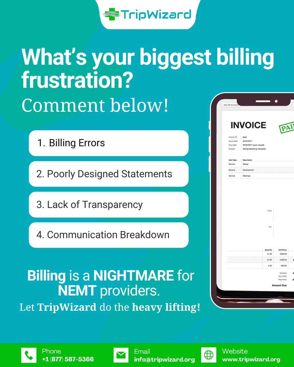 trip_wizard_'s tweet photo. The Truth About Billing? It’s a Total Mess (But We’ve Got You)

✅ Endless invoice errors
✅ Statements that make no sense
✅ No transparency
✅ Communication? What communication?

✅ https://t.co/2Zt9Ch49g6
✅  +1 (877) 587-536
#TripWizard #BillingNightmare #NEMTproblems #NEMT https://t.co/3Hv464yyXA
