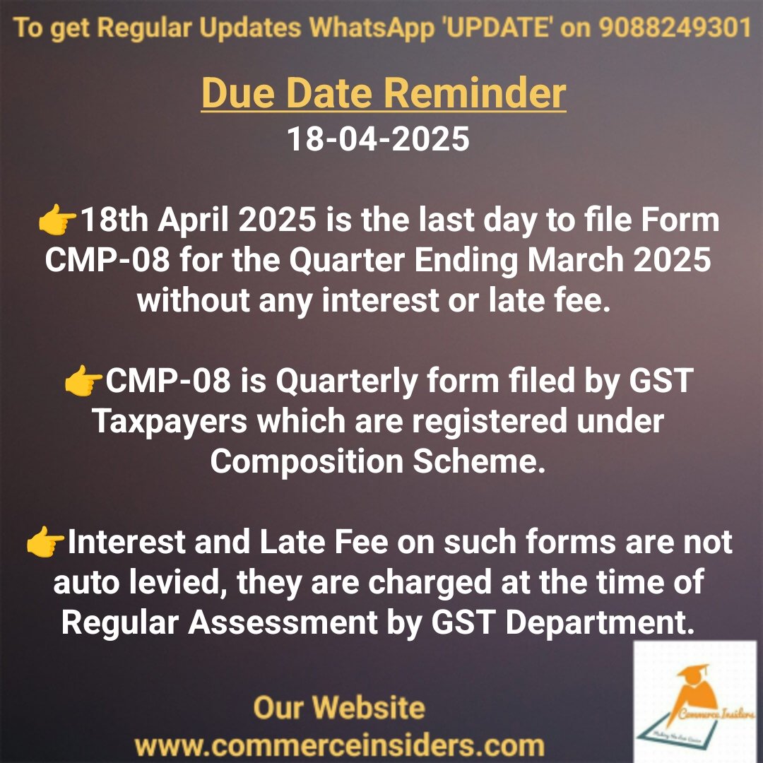 CommerceInsider's tweet photo. GST Due date reminder.

Get regular updates on WhatsApp at https://t.co/74opEfYg0N https://t.co/nnx0zM5WMe