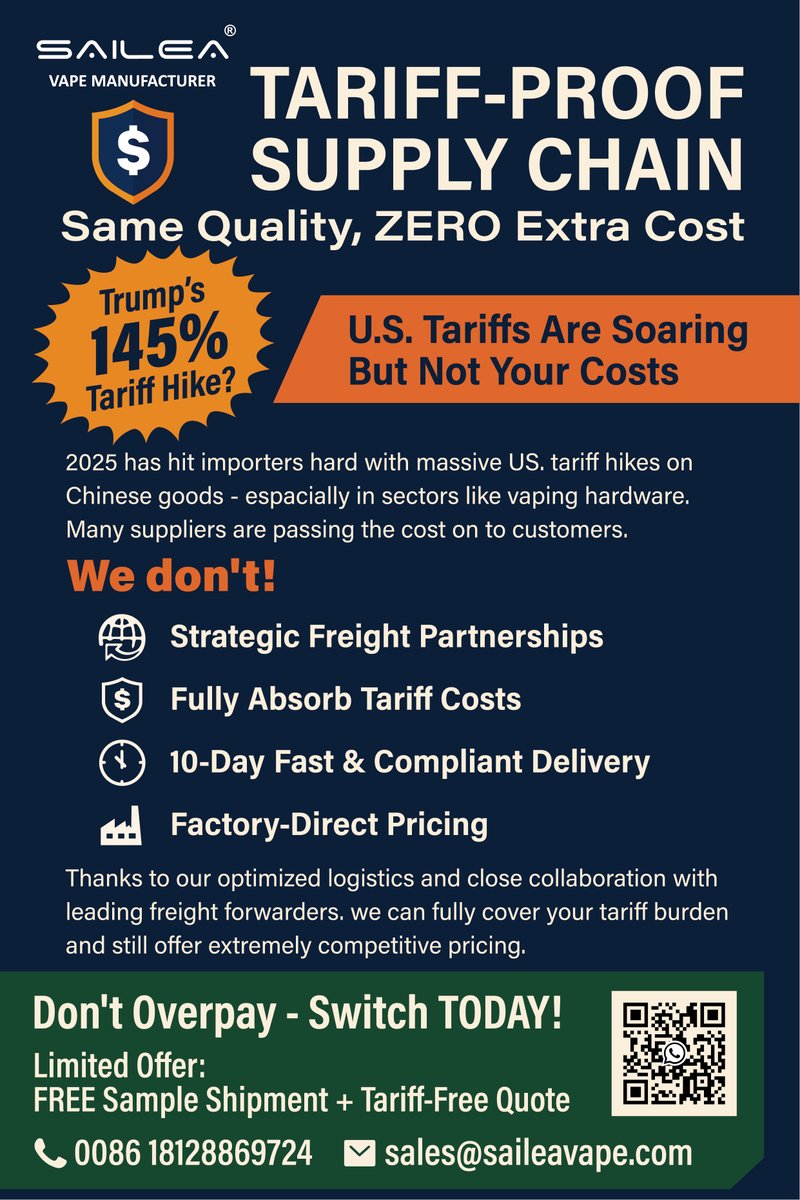EmmaWon50713784's tweet photo. Choose Sailea Technology as your brand customization service provider. We offer variety of AIO Device and vape cartridges for customize.
Our web: https://t.co/goDuptedU7

#B2B #VapeIndustry #SupplyChain #TariffProof #ChinaToUSA #Logistics #CannabisBusiness #THCVape #OEMPartner https://t.co/izv4Fh42v9