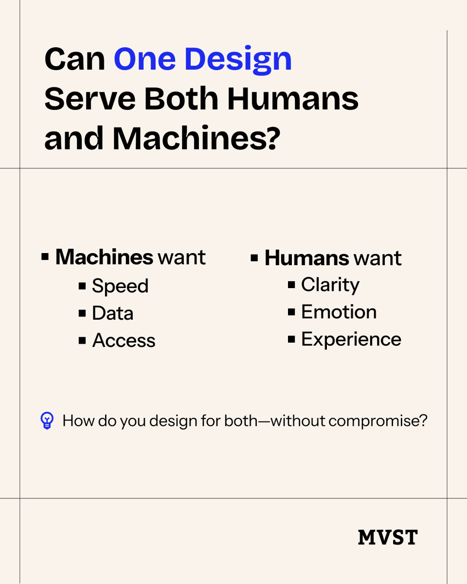 MVSTDigital's tweet photo. 🧠Who will you be designing for in 5 years?
Humans or AI agents?
Join our Roundtable and Sign up here: https://t.co/vzoI76hTff
#AIDesign #FutureOfDesign #HumanCenteredDesign #AIUX #DesignForAI #MVSTInsights https://t.co/nGc9hlG9RI