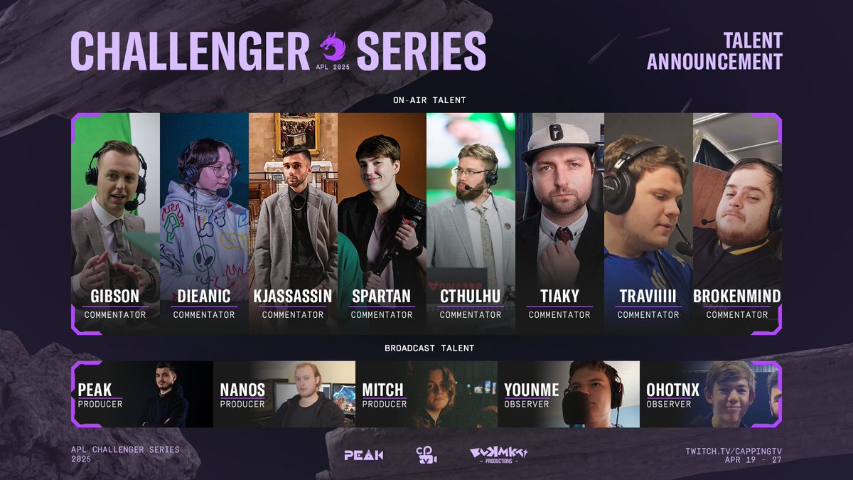 This weekend we're bringing you the @R6EsportsASIA Challenger Series playoffs! Here are the talent bringing you all the action.

Catch it all 19, 20, 26 &amp; 27 April on ttv/CappingTV to find out who will take a slice of the €50,000 prize pool and secure their spot in APL Stage 1!
