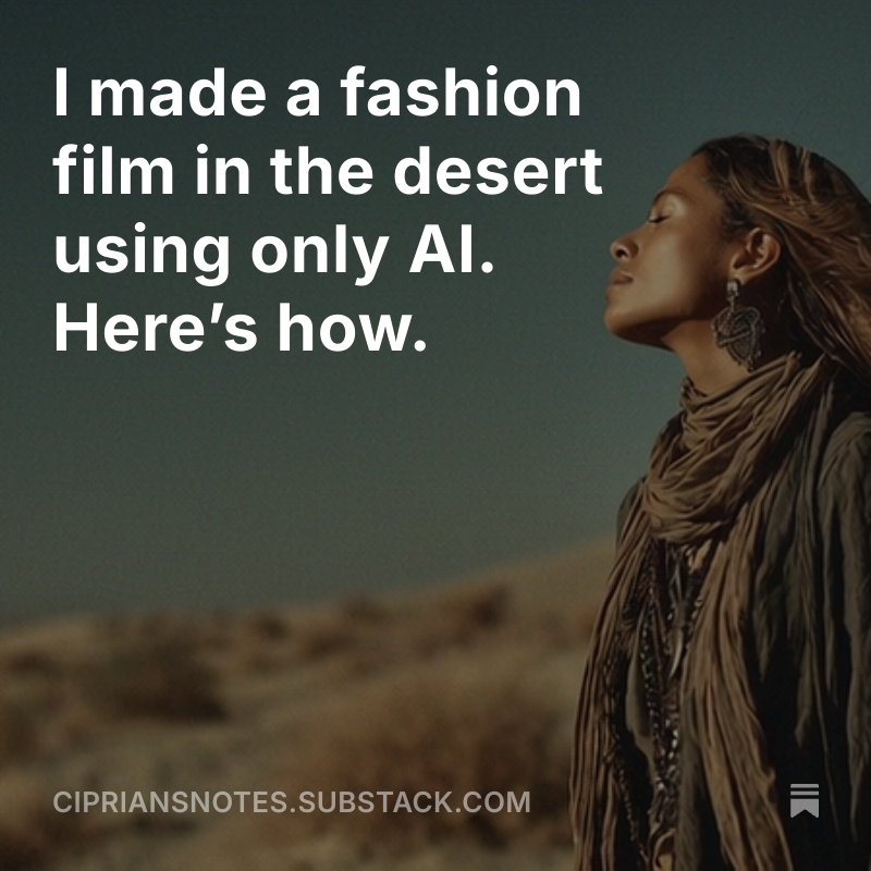 CipaParaschiv's tweet photo. I made a fashion film in the desert using only AI. Here’s how. https://t.co/YCotxYs4A2 https://t.co/IGDFg9LXkf