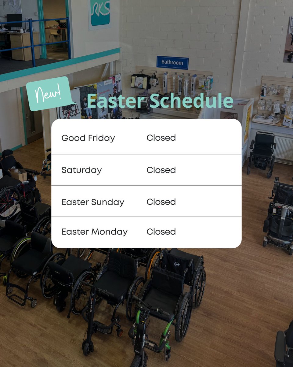 Rksot's tweet photo. Happy Easter weekend! 

We are closed for the Bank Holiday Weekend, and will be open as usual from Tuesday for all of your mobility needs. https://t.co/3WyNIKYtjP