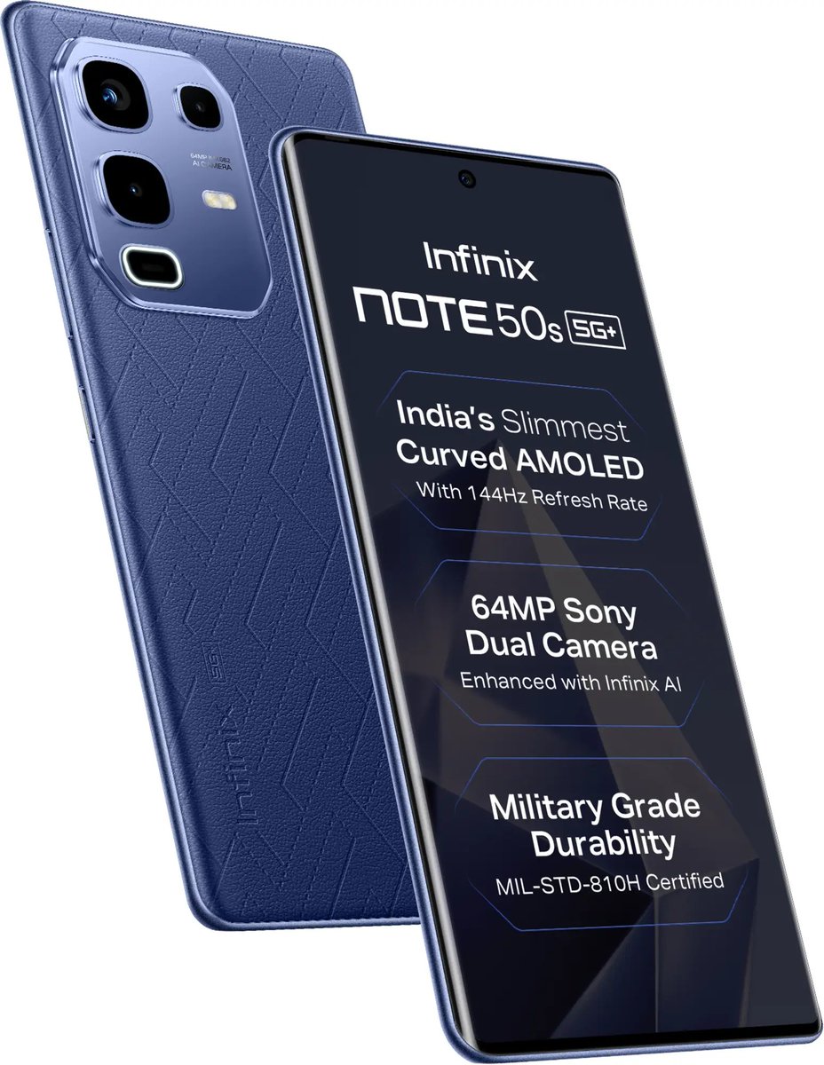 ZionsAnvin's tweet photo. Infinix Note 50s 5G launched in India. 

Infinix Note 50s 5G specifications:
- 6.78-inch curved-edge AMOLED FHD+ 144Hz display, 1300nits brightness, Gorilla Glass 5
- Dimensity 7300 Ultimate | LPDDR5x RAM | Up to 8GB virtual RAM
- 5,500mAh battery |  45W charging 
- 10W reverse charging | Bypass charging
- Front: 13MP
- Rear: 64MP (Sony IMX682) + 2MP with Active Halo Lighting LED
- Android 15 | XOS 15 and Infinix AI features 
- Side-facing fingerprint scanner, JBL dual speakers, microSD card slot (hybrid SIM slot), up to 12GB virtual RAM
- Wi-Fi 6, Bluetooth 5.4, IR blaster
- MIL-STD-810H | IP64 durability 
- 164.33 x 74.53 x 7.6mm | 180grams

Infinix Note 50s 5G price in India
- 8GB+128GB: Rs 15,999
- 8GB+256GB: Rs 17,999
- Colors: Marin Drift Blue (vegan leather with Scent Tech) | Burgundy Red  & Titanium Grey with metallic finish

- Sale date: April 24 via Flipkart, retail stores
- Offer: Rs 1,000 bank discount via ICICI debit/credit cards | Rs 1,000 off on exchange

#Infinix #InfinixNote50x5G