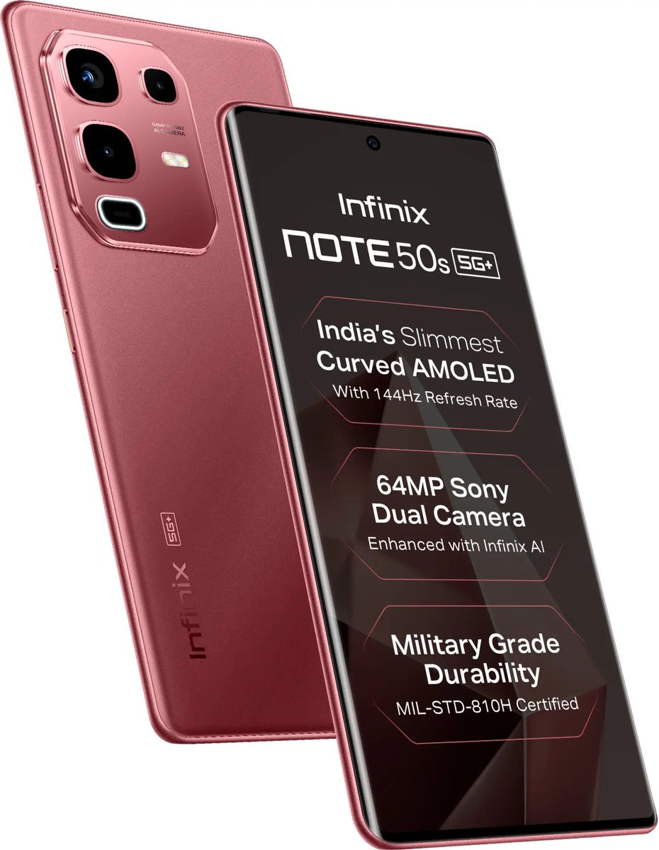 ZionsAnvin's tweet photo. Infinix Note 50s 5G launched in India. 

Infinix Note 50s 5G specifications:
- 6.78-inch curved-edge AMOLED FHD+ 144Hz display, 1300nits brightness, Gorilla Glass 5
- Dimensity 7300 Ultimate | LPDDR5x RAM | Up to 8GB virtual RAM
- 5,500mAh battery |  45W charging 
- 10W reverse charging | Bypass charging
- Front: 13MP
- Rear: 64MP (Sony IMX682) + 2MP with Active Halo Lighting LED
- Android 15 | XOS 15 and Infinix AI features 
- Side-facing fingerprint scanner, JBL dual speakers, microSD card slot (hybrid SIM slot), up to 12GB virtual RAM
- Wi-Fi 6, Bluetooth 5.4, IR blaster
- MIL-STD-810H | IP64 durability 
- 164.33 x 74.53 x 7.6mm | 180grams

Infinix Note 50s 5G price in India
- 8GB+128GB: Rs 15,999
- 8GB+256GB: Rs 17,999
- Colors: Marin Drift Blue (vegan leather with Scent Tech) | Burgundy Red  & Titanium Grey with metallic finish

- Sale date: April 24 via Flipkart, retail stores
- Offer: Rs 1,000 bank discount via ICICI debit/credit cards | Rs 1,000 off on exchange

#Infinix #InfinixNote50x5G
