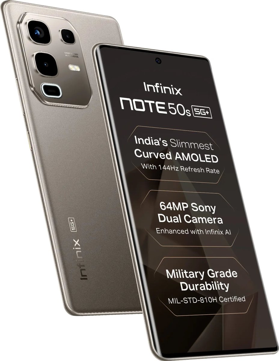 ZionsAnvin's tweet photo. Infinix Note 50s 5G launched in India. 

Infinix Note 50s 5G specifications:
- 6.78-inch curved-edge AMOLED FHD+ 144Hz display, 1300nits brightness, Gorilla Glass 5
- Dimensity 7300 Ultimate | LPDDR5x RAM | Up to 8GB virtual RAM
- 5,500mAh battery |  45W charging 
- 10W reverse charging | Bypass charging
- Front: 13MP
- Rear: 64MP (Sony IMX682) + 2MP with Active Halo Lighting LED
- Android 15 | XOS 15 and Infinix AI features 
- Side-facing fingerprint scanner, JBL dual speakers, microSD card slot (hybrid SIM slot), up to 12GB virtual RAM
- Wi-Fi 6, Bluetooth 5.4, IR blaster
- MIL-STD-810H | IP64 durability 
- 164.33 x 74.53 x 7.6mm | 180grams

Infinix Note 50s 5G price in India
- 8GB+128GB: Rs 15,999
- 8GB+256GB: Rs 17,999
- Colors: Marin Drift Blue (vegan leather with Scent Tech) | Burgundy Red  & Titanium Grey with metallic finish

- Sale date: April 24 via Flipkart, retail stores
- Offer: Rs 1,000 bank discount via ICICI debit/credit cards | Rs 1,000 off on exchange

#Infinix #InfinixNote50x5G
