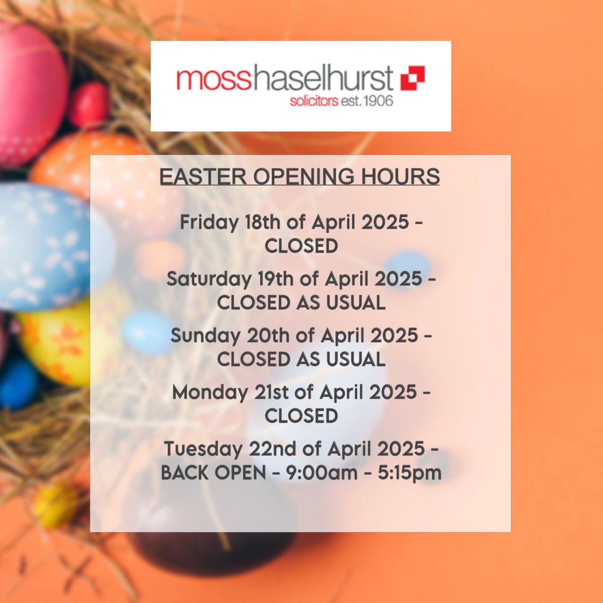 mosshaselhurst Easter opening hours 🐣🐰🌼🥚
