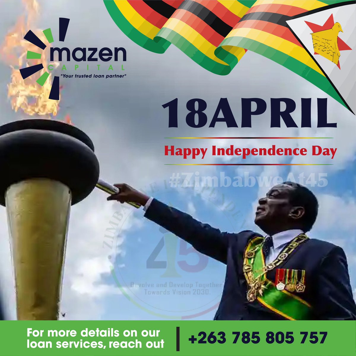 MazenCapital's tweet photo. Happy Independence Day Zimbabwe
#zimbabweat45 #independence #zimbabwe 

For more details on our loan services, reach out +263785805757 #IndependenceDay https://t.co/qI76ATDHAS