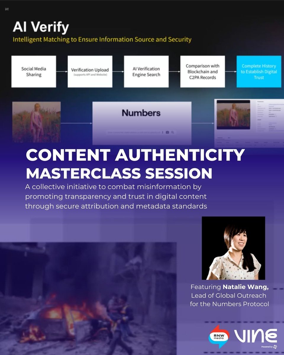 BellaCuzy's tweet image. Fighting misinformation starts with transparency.
Join the Content Authenticity Masterclass Session featuring Natalie Wang of @numbersprotocol to explore how AI,blockchain &amp;amp; metadata standards are reshaping digital trust.
Powered by @RNWMedia &amp;amp; @VineLab_
#ContentAuthenticity $NUM