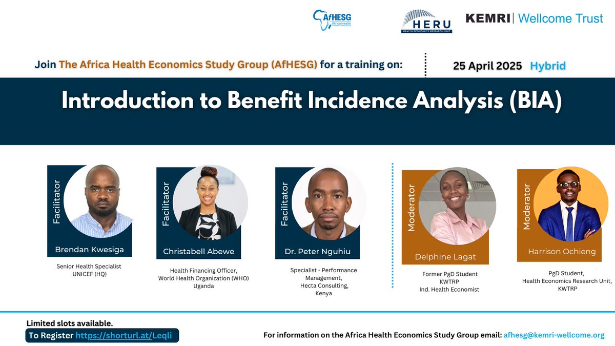 HERU|KEMRI-WT (@heru_kemri_wt) on Twitter photo Training Alert!!!
The April #AfHESGTraining session will introduce participants to Benefit Incidence Analysis (#BIA), have you registered?
Date: 25th April 2025
Registration Link: shorturl.at/LeqIi
<a href="/KEMRI_Wellcome/">KEMRI-Wellcome Trust</a>
#HealthEconomics
#CapacityBuilding Training Alert!!!
The April #AfHESGTraining session will introduce participants to Benefit Incidence Analysis (#BIA), have you registered?
Date: 25th April 2025
Registration Link: shorturl.at/LeqIi
<a href="/KEMRI_Wellcome/">KEMRI-Wellcome Trust</a>
#HealthEconomics
#CapacityBuilding