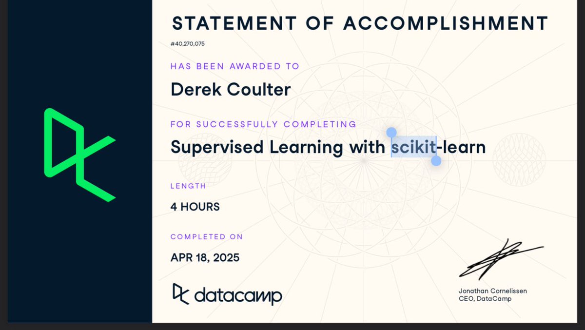 Been working on my Masters Degree in Dadta Analytic - Data Science and collecting certificates along the way! #WGU #MSDA  #DataCamp
