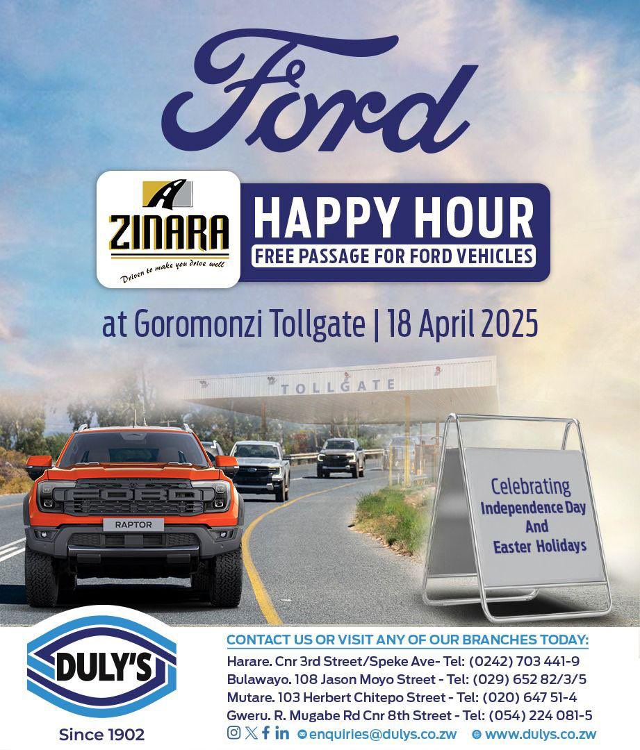 zinaraZW's tweet photo. Are you a #Ford fan passing through Goromonzi Tollgate this Independence Day morning ? Don’t miss the #Duly’s Team! Check out the latest Ford range on display, learn about their products &amp; they might just pay for your Toll. 
#BeOneInAMillion 
#HappyHourPromotion
#IndependenceDay https://t.co/VTNT7Owzv5