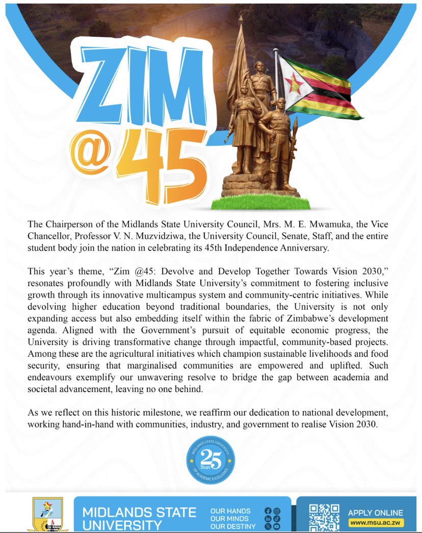 Celebrating 45 Years of Independence.🇿🇼🇿🇼🇿🇼
#WEAREMSU 
#universityoffirstchoiceforall 
#Zimbabwe 
#independenceday