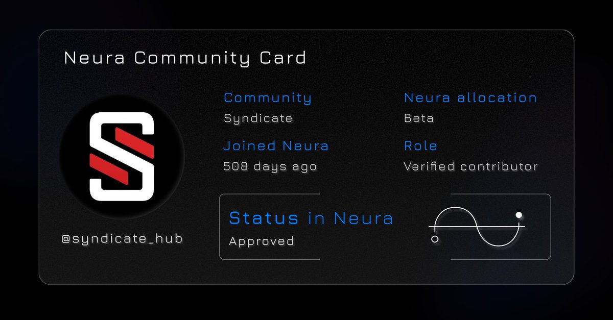 Syndicate is officially approved for the <a href="/NeuraADND/">Neura</a> Community Card!  

We are ready to explore Decentralized Autonomous Artists.

Own not just an artwork, but an artist itself.