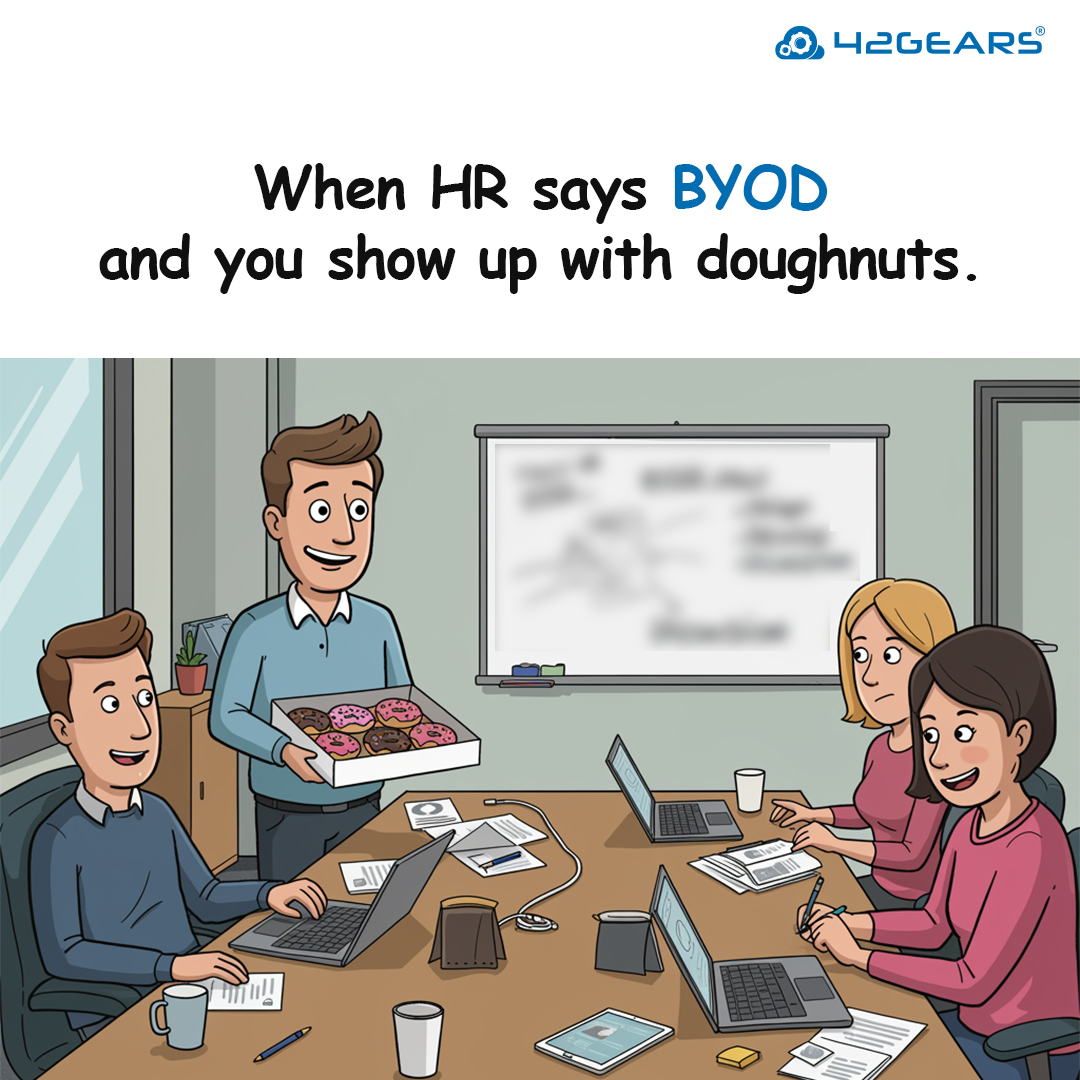 42gears's tweet image. It’s BYOD Friday!
That’s Bring Your Own Device… not Doughnut (though we’re not complaining). 😋
At 42Gears, we secure both - devices and good vibes.

#BYOD #FridayLaughs #ITLife #FridayFun #42Gears