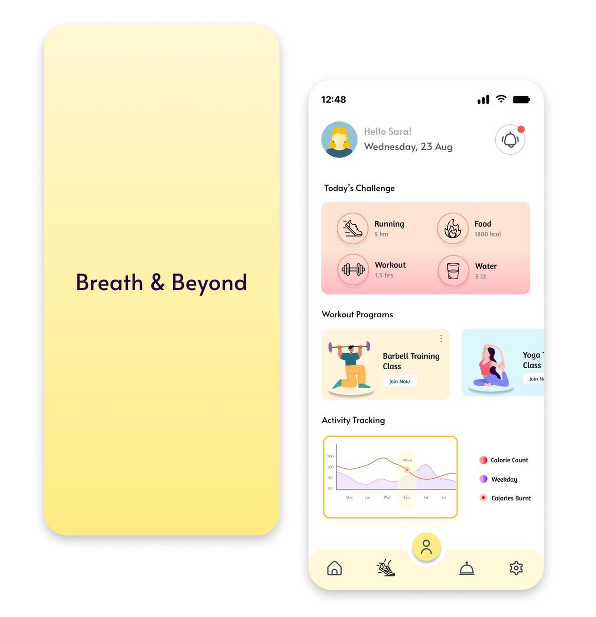 Inks_Interfaces's tweet photo. Say hello to "Breath &amp; Beyond" — my latest fitness app UI design focused on wellness, clarity &amp; motivation. 📱✨
Take a look at the splash screen &amp; home screen. I'd love your feedback!
Let’s build a fitness experience that inspires. 💬💥

#UIUX #UXdesign #figma #feedbackwelcome https://t.co/mVl5beTdAV