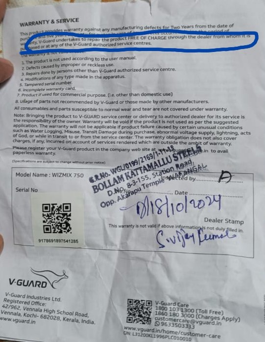 chamakuri_sai's tweet photo. Is asking me to pay the price for the repair. Have a look at the below warranty card highlighted point. it clearly says authorised service centres need to repair for free of cost. Disgusting from Vguard products and its services😓Now I want my product to be repaired 2/2
#IPL2025 https://t.co/eoCicwsFDR