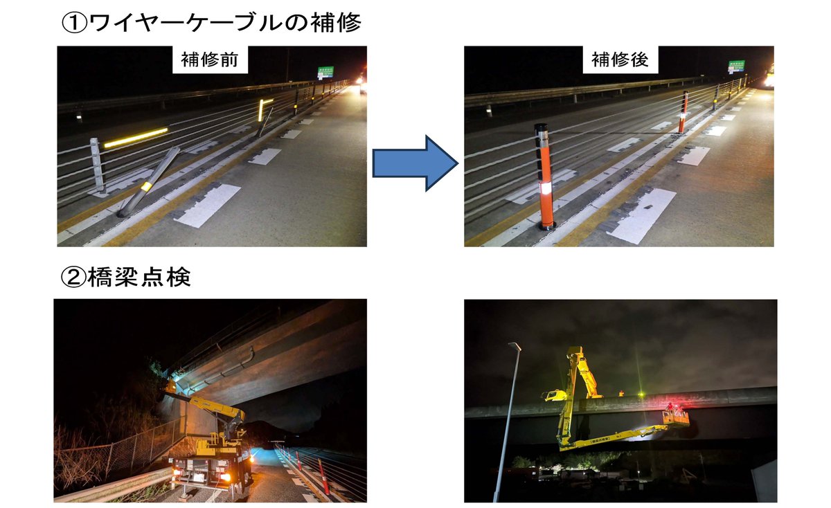 本日（４月１８日）も、 #西九州自動車道 唐津千々賀山田IC～伊万里東府招IC間の通行止めを行います。また、来週も作業を行う予定ですので、ご不便、ご迷惑をおかけいたしますが、工事へのご理解ご協力をお願いいたします。
規制時間　夜９時～朝６時
昨晩の作業状況もぜひご覧ください。