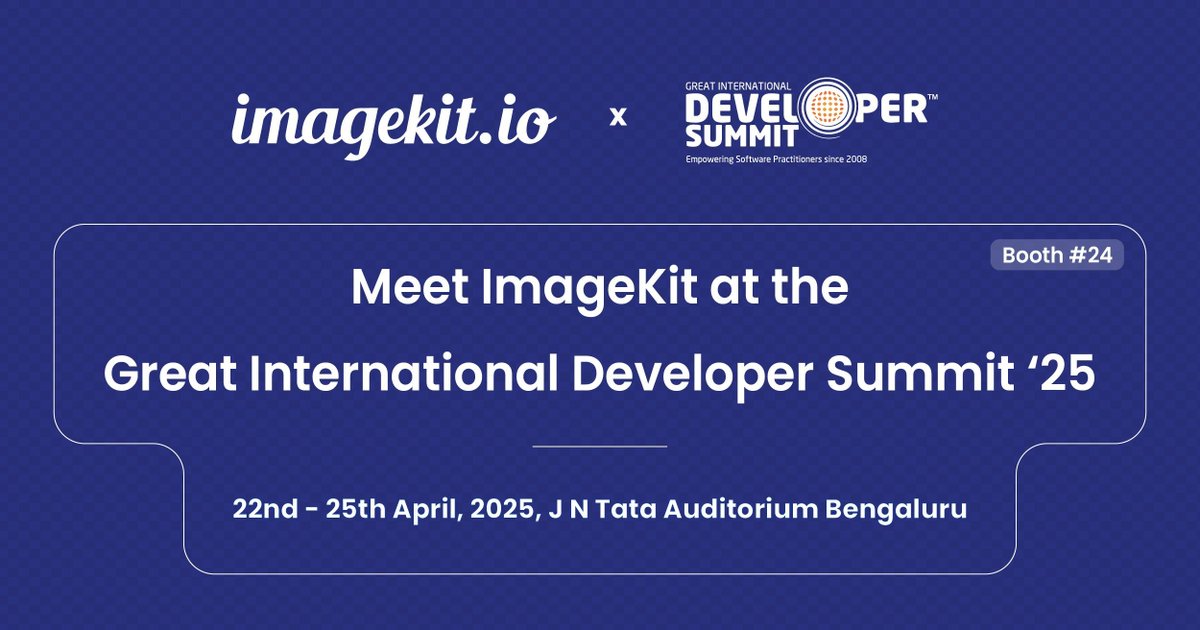 ImagekitIo's tweet image. We’re excited to be a sponsor at @developersummit, Bengaluru, Apr 22–25🚀

Drop by booth 24 for live ImageKit demo &amp;amp; tech chats &amp;amp; don’t miss @harshitbudhraja’s talk on Apr 25: Delivering Native Video Experiences in React Apps 🎤

#ImageKit #ReactJS #WebPerf