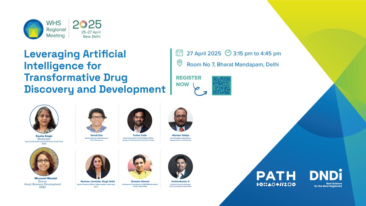 Dr Kavita Singh (@drskavita) on Twitter photo Join <a href="/DNDi/">Drugs for Neglected Diseases initiative</a> & @PATHTweets at <a href="/whsnewdelhi2025/">World Health Summit Regional Meeting 2025</a> for a panel discussion on Leveraging Artificial Intelligence for Transformative Drug Discovery and Development.
Discover how AI is transforming R&D & expanding access to life-saving treatments.
🔗Register now: tinyurl.com/mwy3myw5 Join <a href="/DNDi/">Drugs for Neglected Diseases initiative</a> & @PATHTweets at <a href="/whsnewdelhi2025/">World Health Summit Regional Meeting 2025</a> for a panel discussion on Leveraging Artificial Intelligence for Transformative Drug Discovery and Development.
Discover how AI is transforming R&D & expanding access to life-saving treatments.
🔗Register now: tinyurl.com/mwy3myw5
