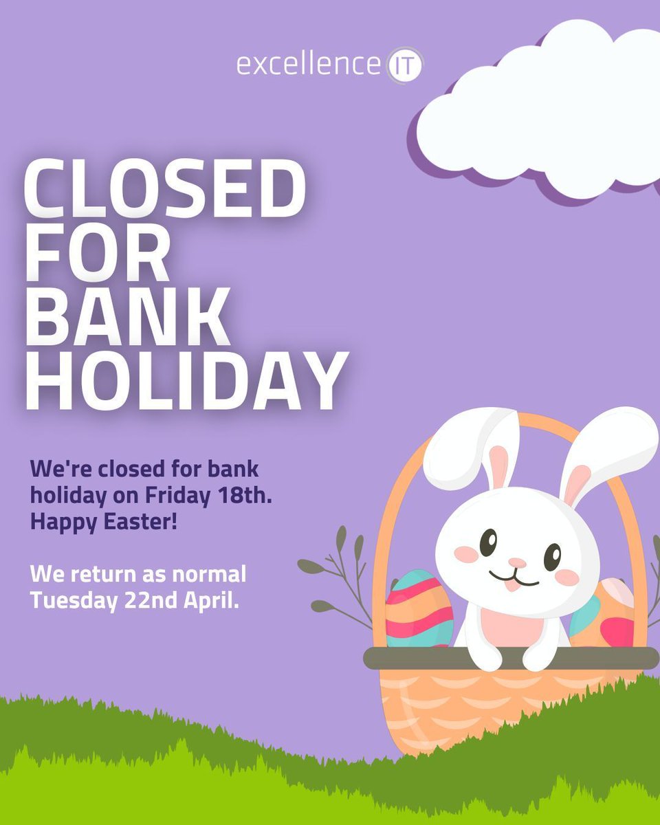 We are closed for the Bank Holiday on Friday 18th and Monday 21st. 

We will return as normal Tuesday 22nd 8am.

Happy Easter! 🐰