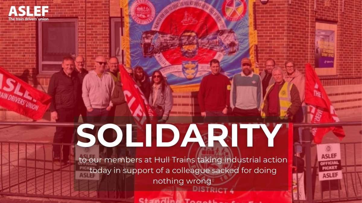 ASLEFunion's tweet photo. Solidarity to our members at Hull Trains taking industrial action today in support of a colleague that was sacked for doing nothing wrong.
#ASLEFstrike
Info on the strike 👉 https://t.co/RLFYYQjrfS https://t.co/IovGSYIvIt
